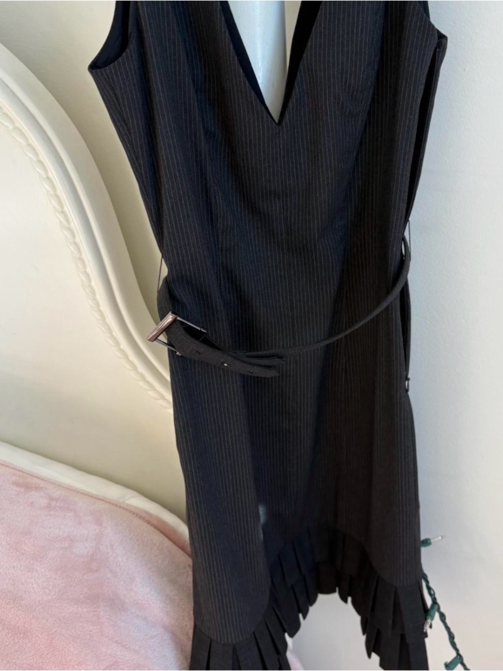 bebe Black Pinstripe Asymmetrical V-Neck Dress with Belt
